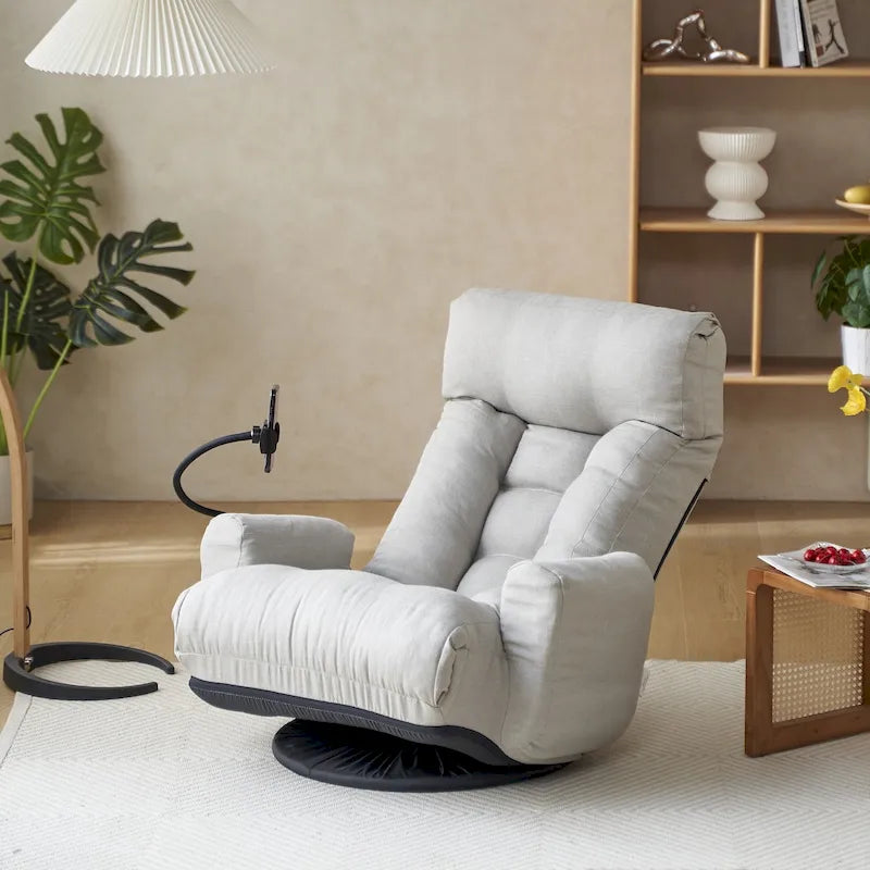 Gray Swivel Recliner with Phone Holder and Adjustable Headrest