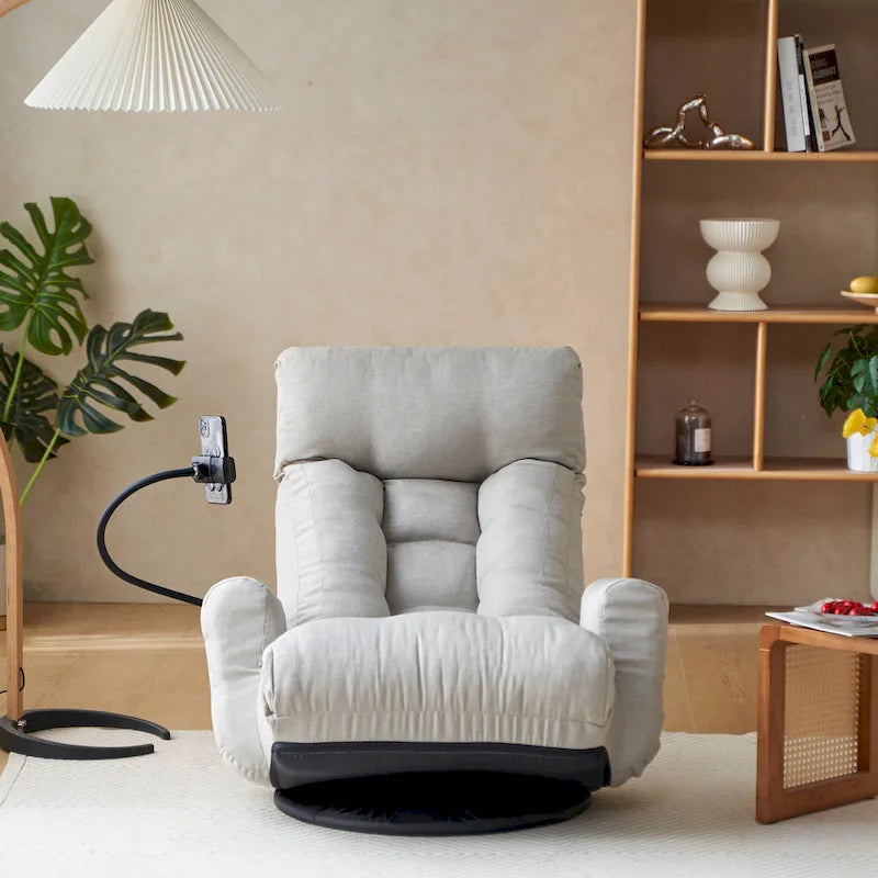 Gray Swivel Recliner with Phone Holder and Adjustable Headrest