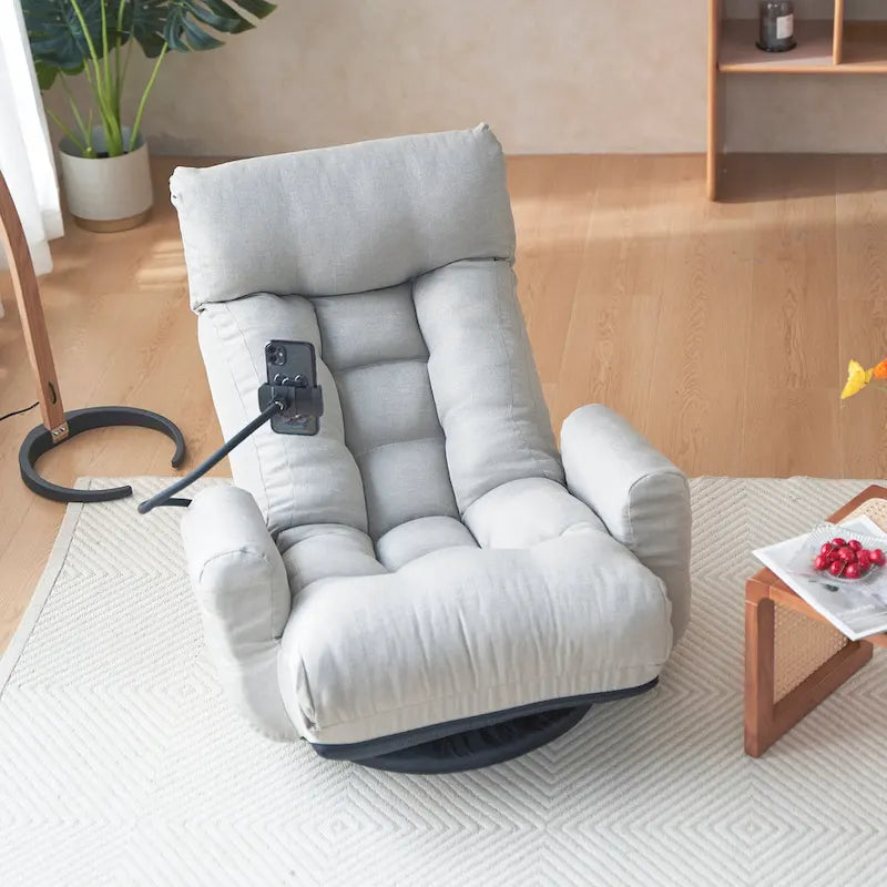 Gray Swivel Recliner with Phone Holder and Adjustable Headrest