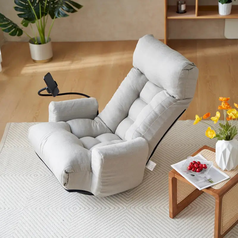 Gray Swivel Recliner with Phone Holder and Adjustable Headrest