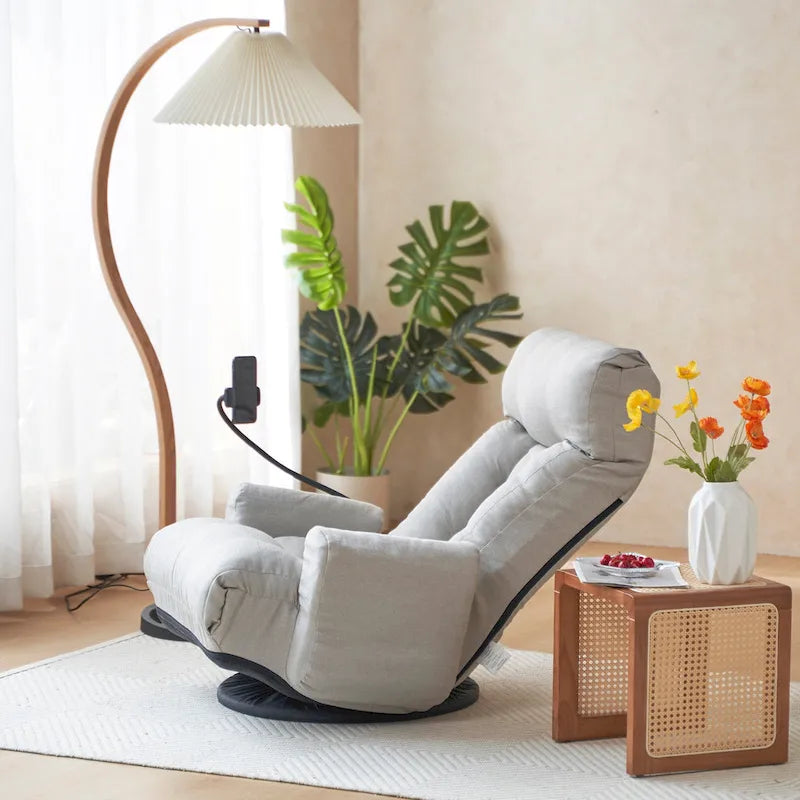Gray Swivel Recliner with Phone Holder and Adjustable Headrest