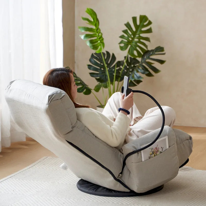 Gray Swivel Recliner with Phone Holder and Adjustable Headrest