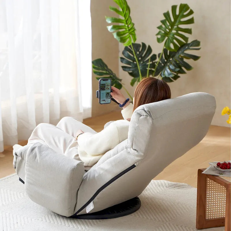 Gray Swivel Recliner with Phone Holder and Adjustable Headrest