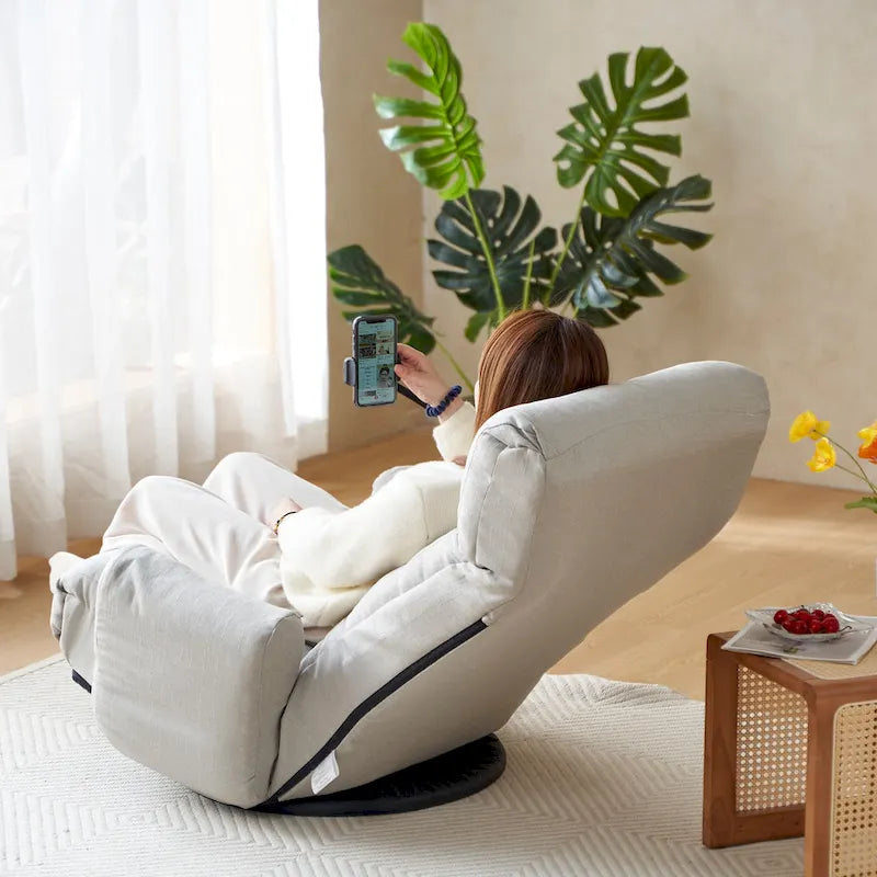 Gray Swivel Recliner with Phone Holder and Adjustable Headrest