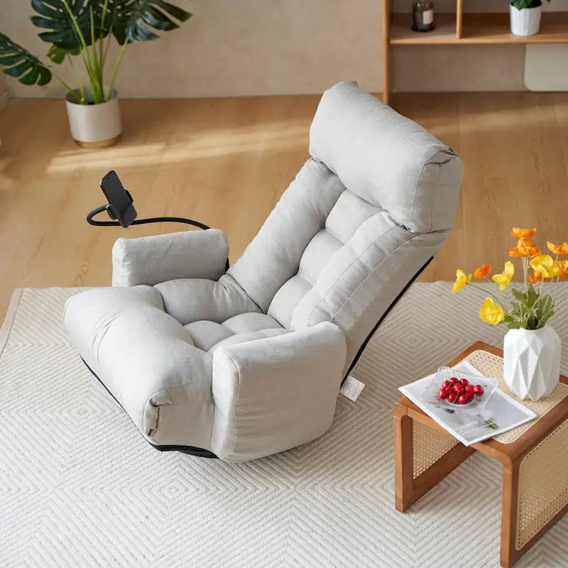 Gray Swivel Recliner with Phone Holder and Adjustable Headrest