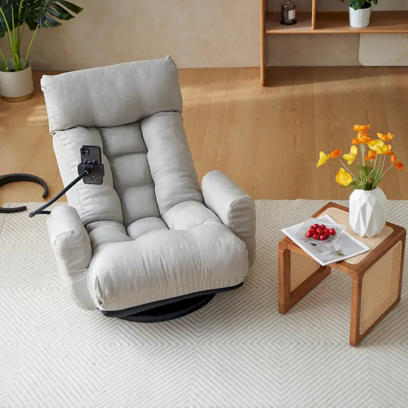 Gray Swivel Recliner with Phone Holder and Adjustable Headrest