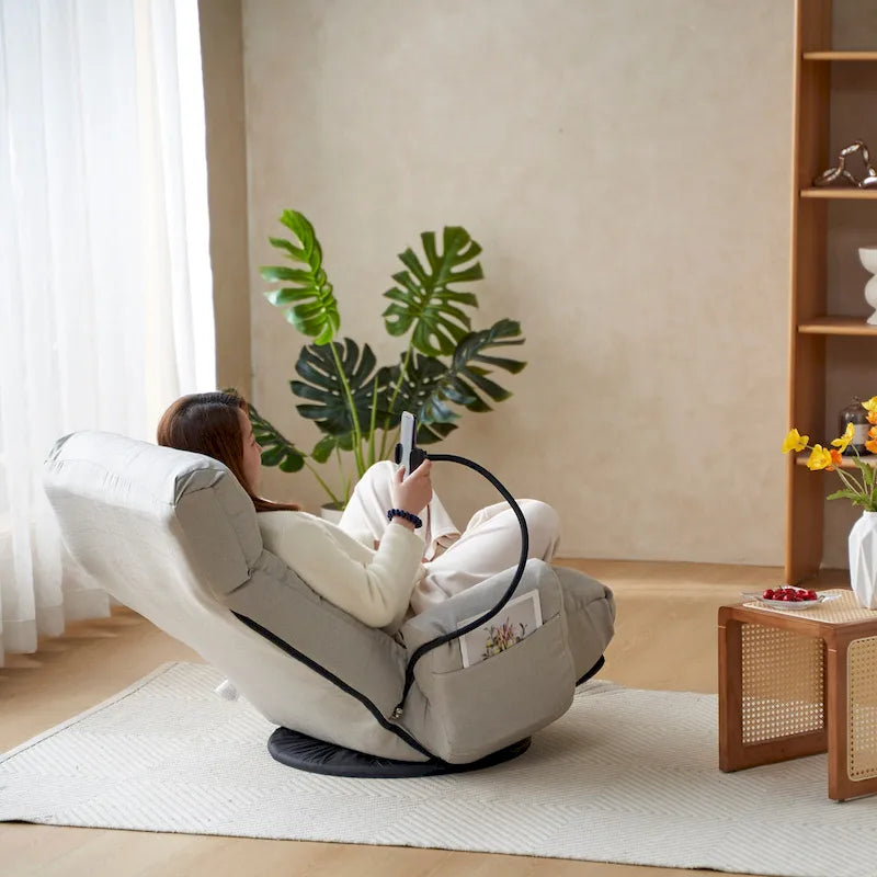 Gray Swivel Recliner with Phone Holder and Adjustable Headrest