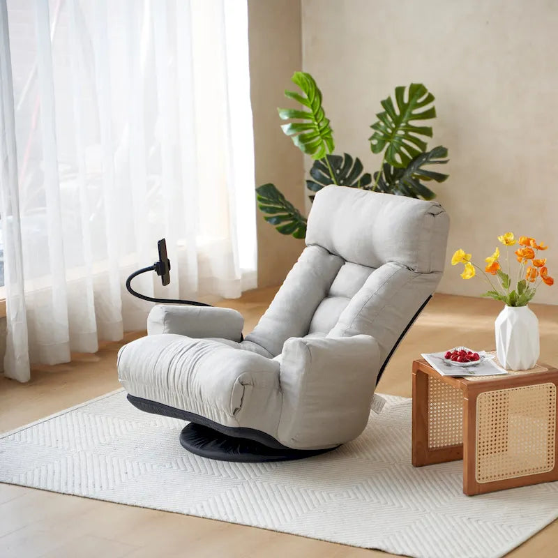 Gray Swivel Recliner with Phone Holder and Adjustable Headrest