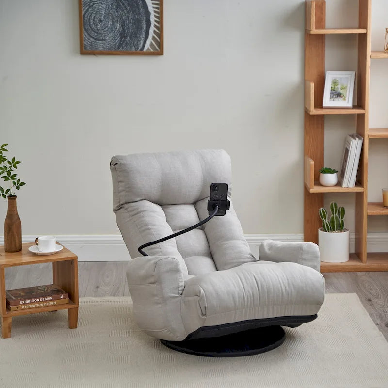 Gray Swivel Recliner with Phone Holder and Adjustable Headrest