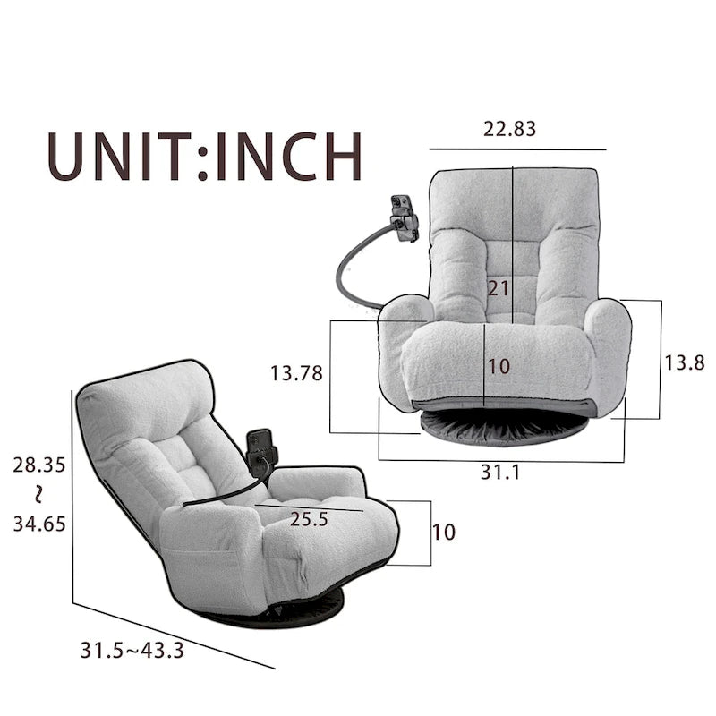 Gray Swivel Recliner with Phone Holder and Adjustable Headrest