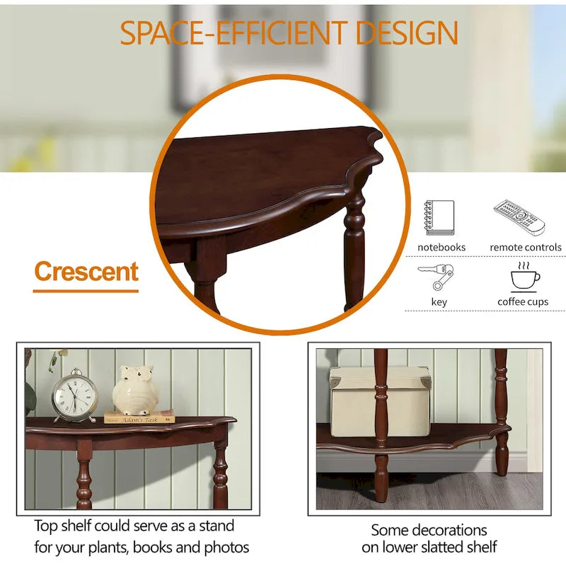 42 Retro Circular Curved Half-Moon Console Table with Cloud Design Top and Open Shelf Solid Wood Frame and Legs