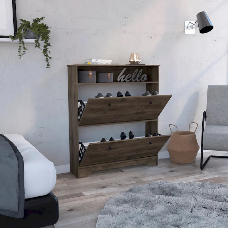 Dark Brown Shoe Rack with Superior Top, Open Shelf and Two Extendable Shelves