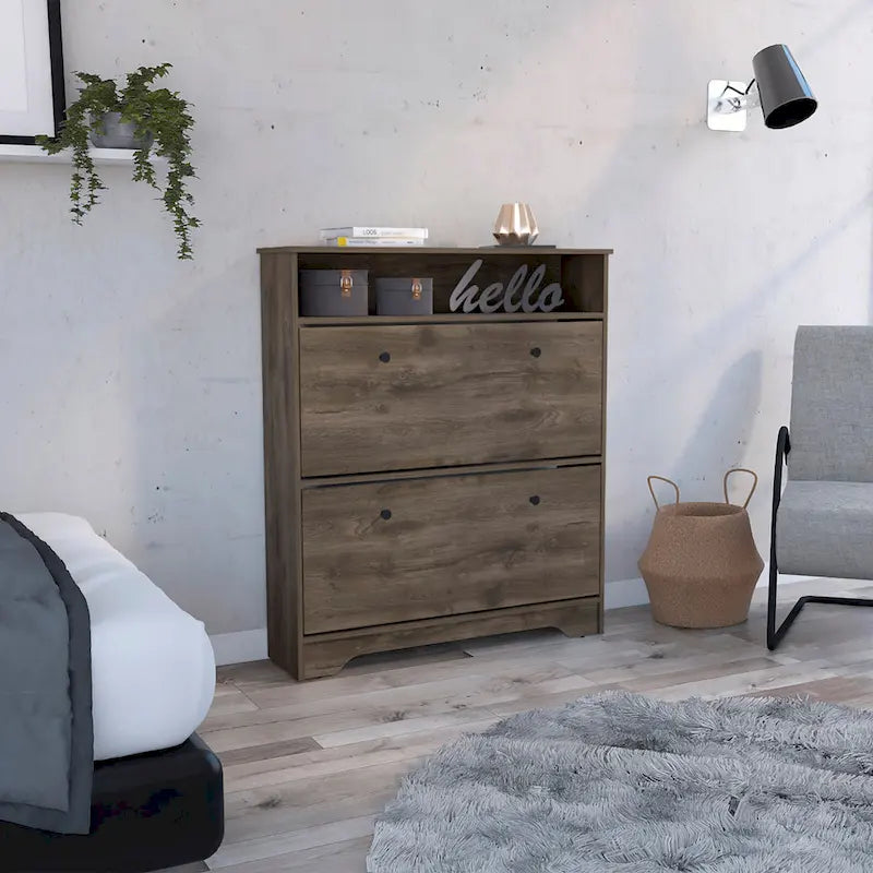 Dark Brown Shoe Rack with Superior Top, Open Shelf and Two Extendable Shelves