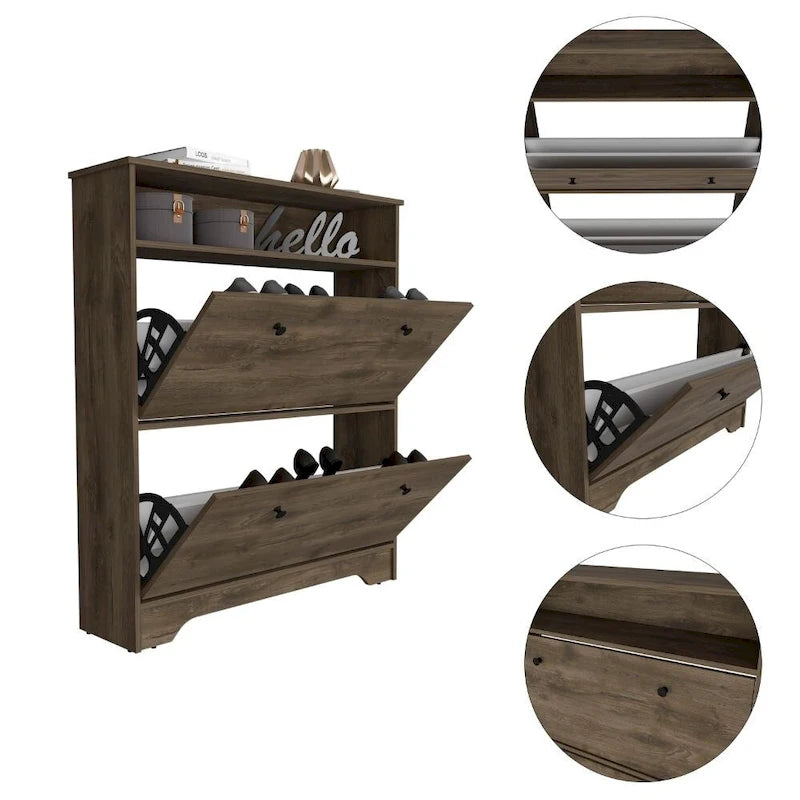 Dark Brown Shoe Rack with Superior Top, Open Shelf and Two Extendable Shelves