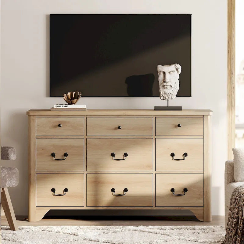 53.5" Wide Farmhouse White Dresser TV Stand with Curved Edge and 9 Drawers