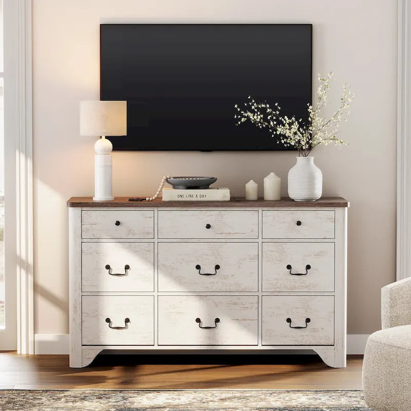 53.5" Wide Farmhouse White Dresser TV Stand with Curved Edge and 9 Drawers