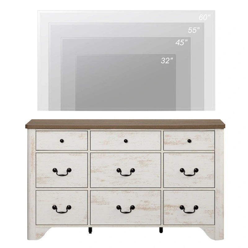 53.5" Wide Farmhouse White Dresser TV Stand with Curved Edge and 9 Drawers