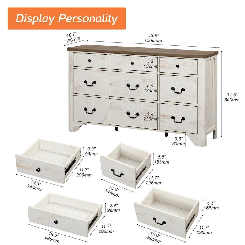53.5" Wide Farmhouse White Dresser TV Stand with Curved Edge and 9 Drawers