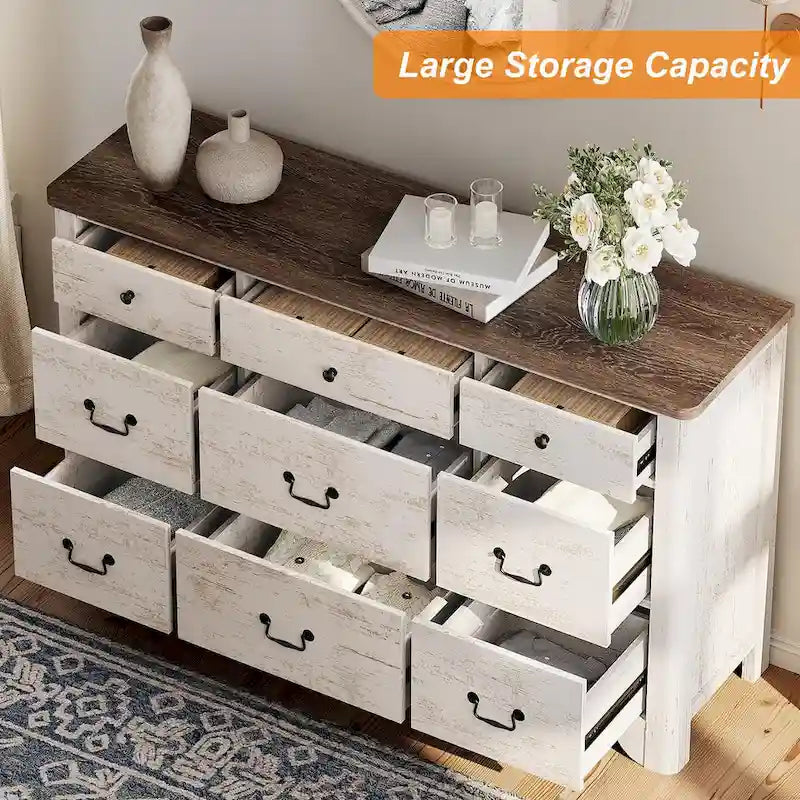 53.5" Wide Farmhouse White Dresser TV Stand with Curved Edge and 9 Drawers