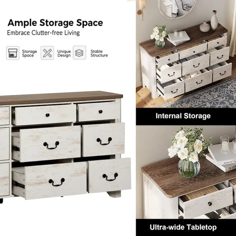 53.5" Wide Farmhouse White Dresser TV Stand with Curved Edge and 9 Drawers
