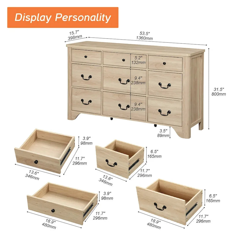 53.5" Wide Farmhouse White Dresser TV Stand with Curved Edge and 9 Drawers