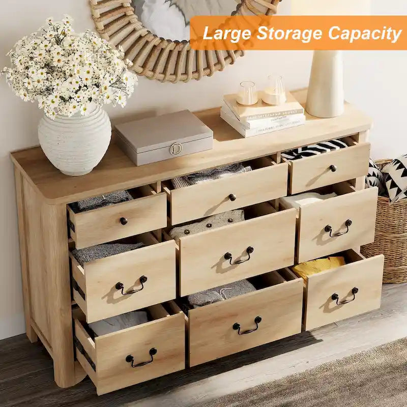 53.5" Wide Farmhouse White Dresser TV Stand with Curved Edge and 9 Drawers