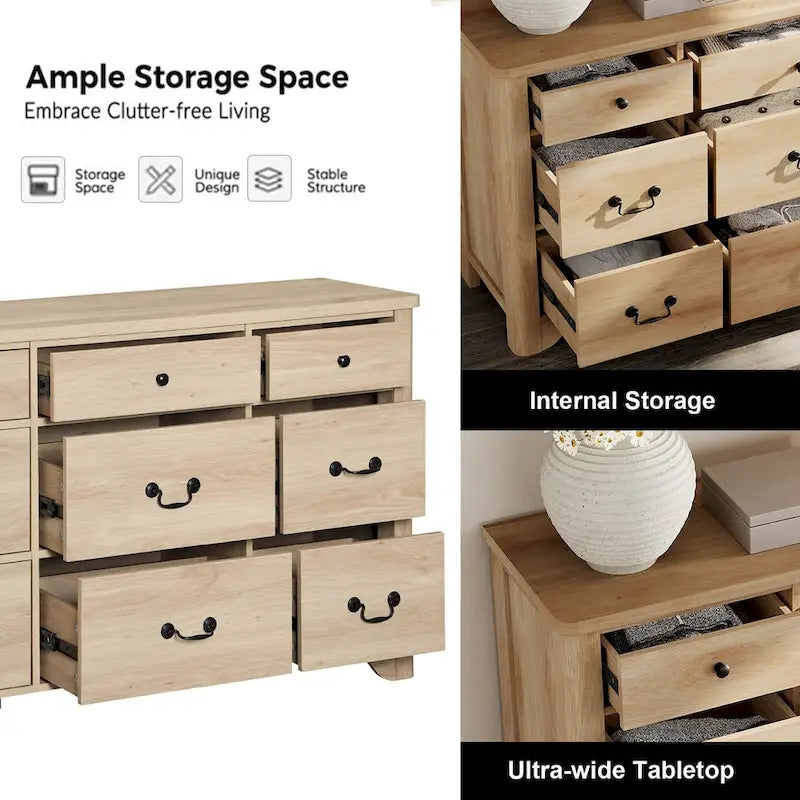 53.5" Wide Farmhouse White Dresser TV Stand with Curved Edge and 9 Drawers
