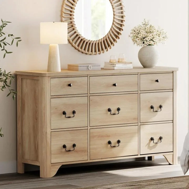 53.5" Wide Farmhouse White Dresser TV Stand with Curved Edge and 9 Drawers