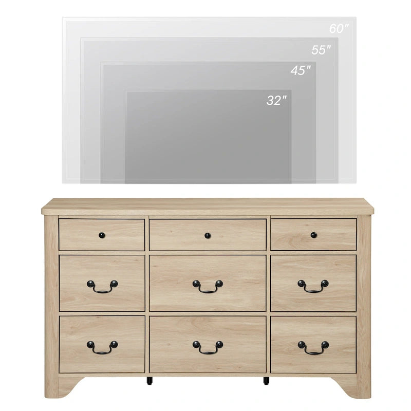 53.5" Wide Farmhouse White Dresser TV Stand with Curved Edge and 9 Drawers