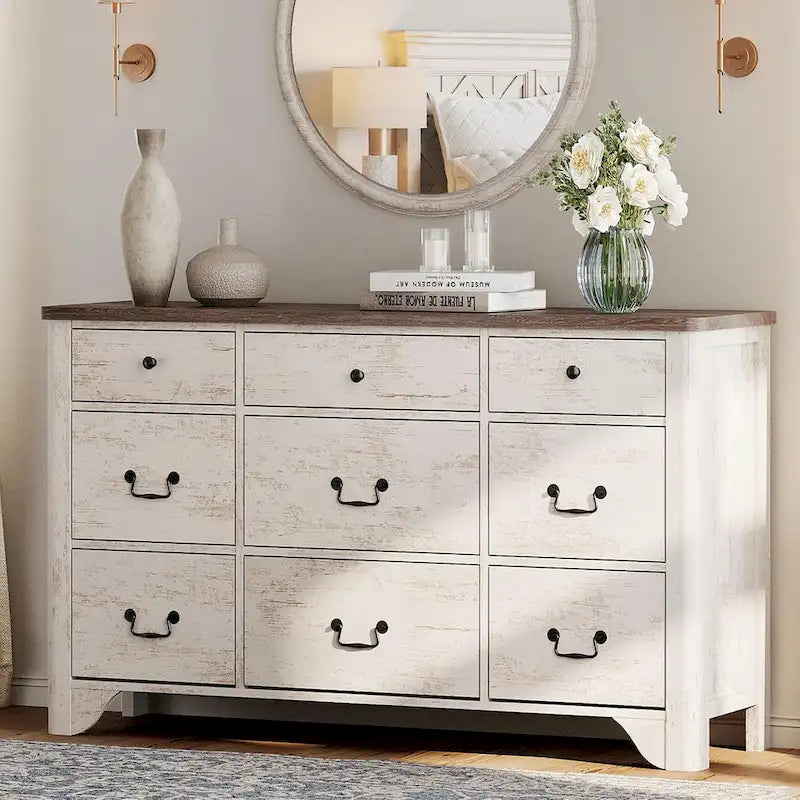53.5" Wide Farmhouse White Dresser TV Stand with Curved Edge and 9 Drawers