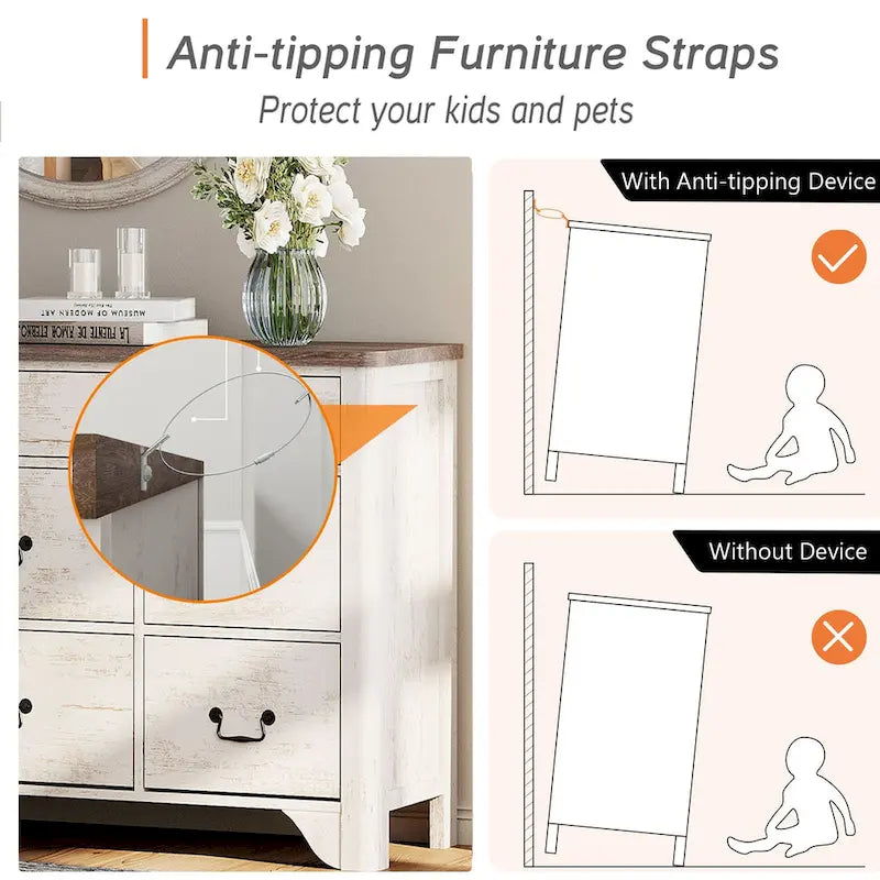 53.5" Wide Farmhouse White Dresser TV Stand with Curved Edge and 9 Drawers