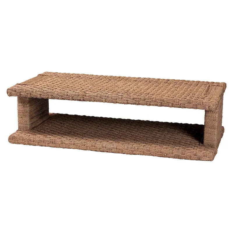 Handwoven Seagrass Coffee Table with Open Shelf, Coastal Boho Style