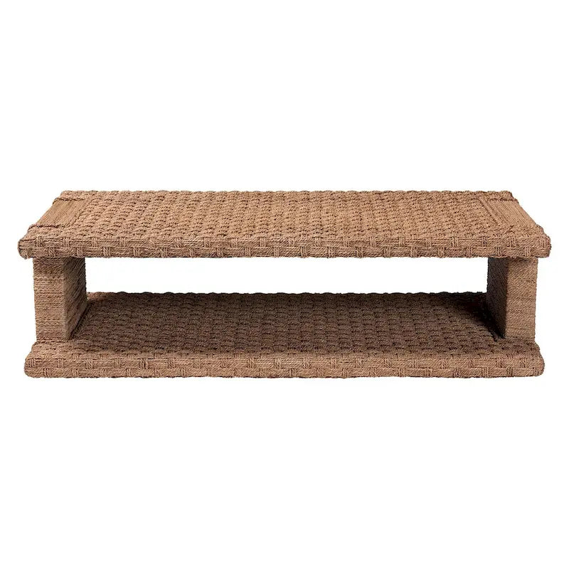 Handwoven Seagrass Coffee Table with Open Shelf, Coastal Boho Style