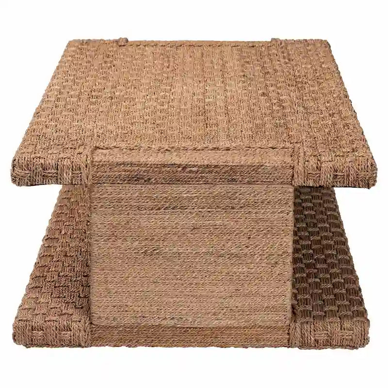 Handwoven Seagrass Coffee Table with Open Shelf, Coastal Boho Style