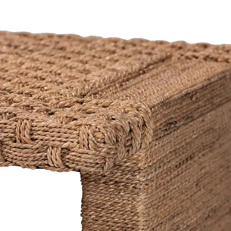 Handwoven Seagrass Coffee Table with Open Shelf, Coastal Boho Style
