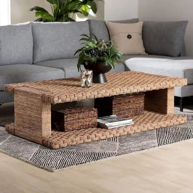Handwoven Seagrass Coffee Table with Open Shelf, Coastal Boho Style