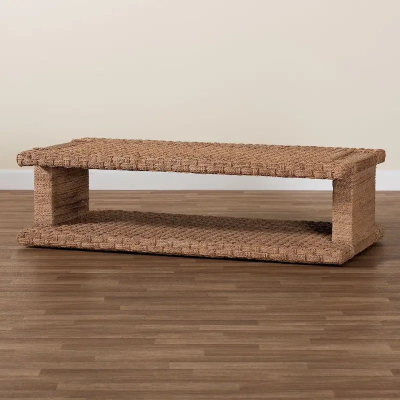 Handwoven Seagrass Coffee Table with Open Shelf, Coastal Boho Style