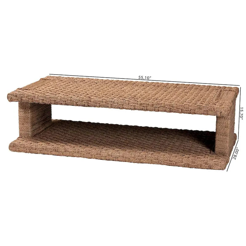 Handwoven Seagrass Coffee Table with Open Shelf, Coastal Boho Style