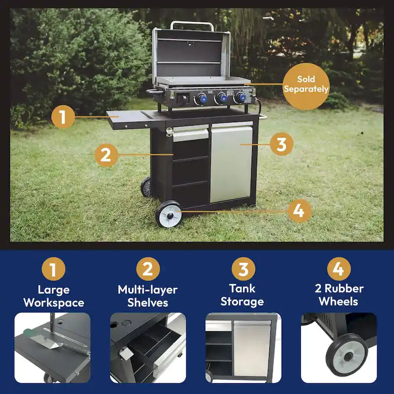 Universal Rolling Prep Cart for Portable Outdoor Griddle and Grills, Black