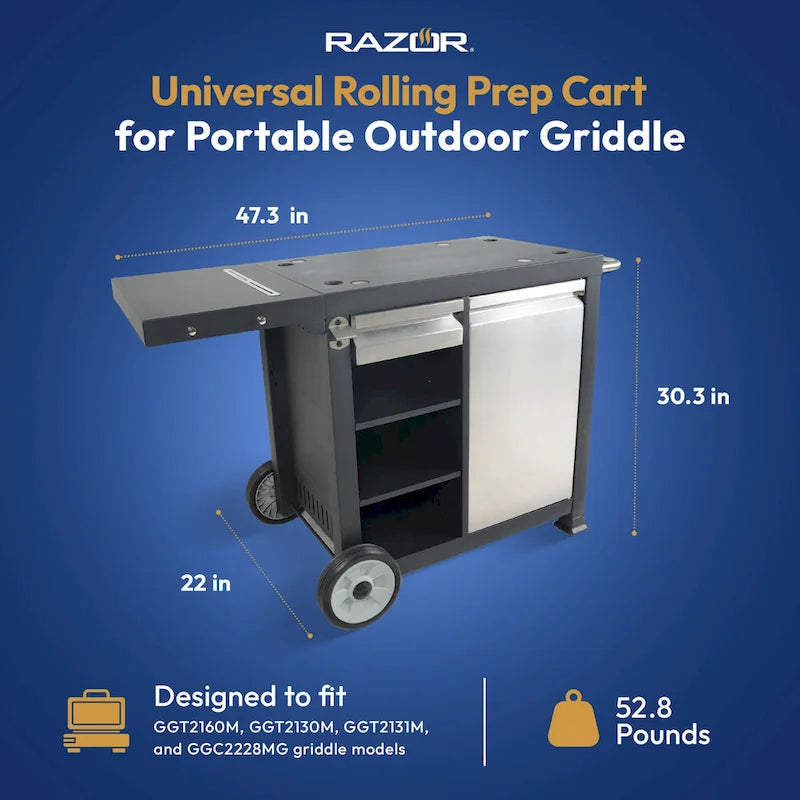 Universal Rolling Prep Cart for Portable Outdoor Griddle and Grills, Black
