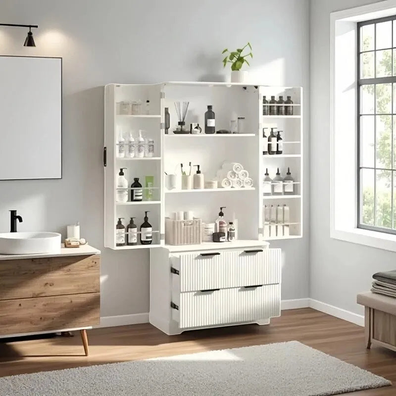Farmhouse Bathroom Storage Cabinet with 2 Large Drawers, 8-Door Storage Rack & 3 Shelves