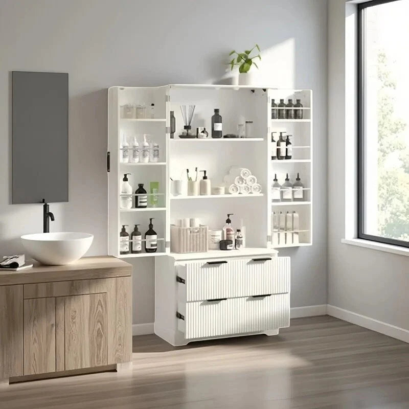 Farmhouse Bathroom Storage Cabinet with 2 Large Drawers, 8-Door Storage Rack & 3 Shelves
