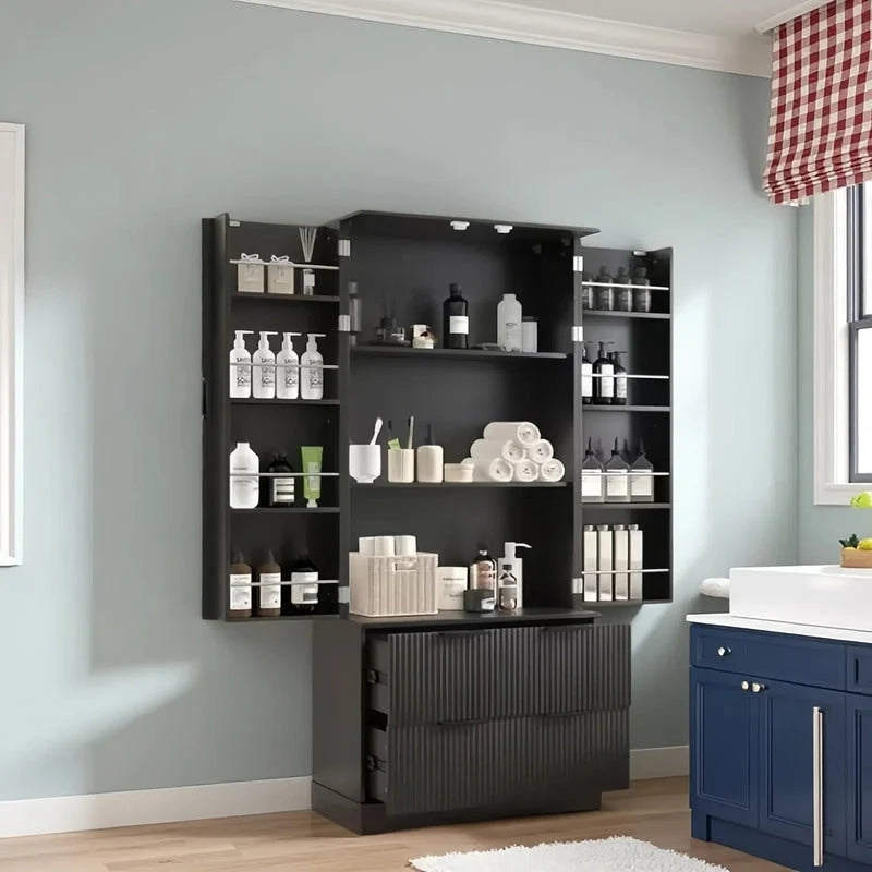 Farmhouse Bathroom Storage Cabinet with 2 Large Drawers, 8-Door Storage Rack & 3 Shelves