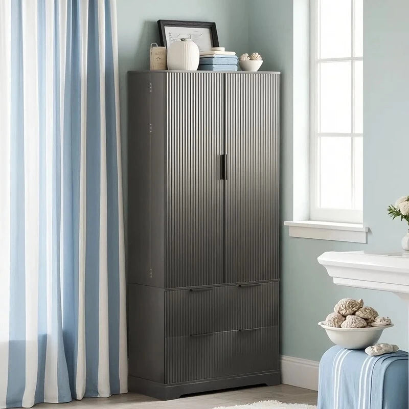 Farmhouse Bathroom Storage Cabinet with 2 Large Drawers, 8-Door Storage Rack & 3 Shelves