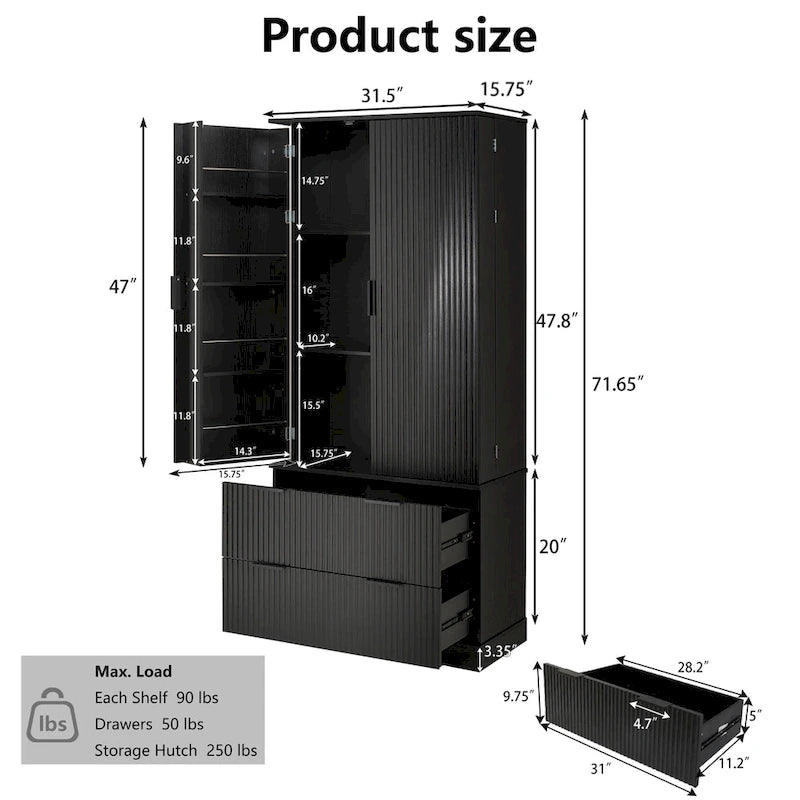 Farmhouse Bathroom Storage Cabinet with 2 Large Drawers, 8-Door Storage Rack & 3 Shelves