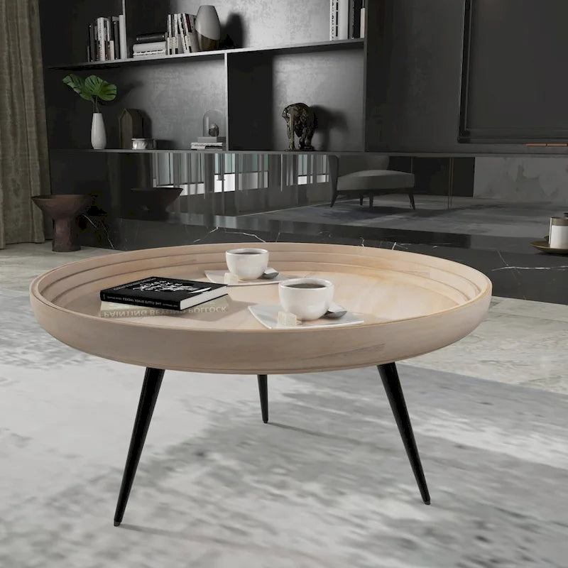 30" Round Tray Top Coffee Table, Handcrafted Washed White Mango Wood