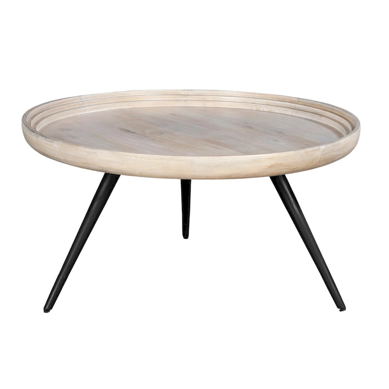 30" Round Tray Top Coffee Table, Handcrafted Washed White Mango Wood