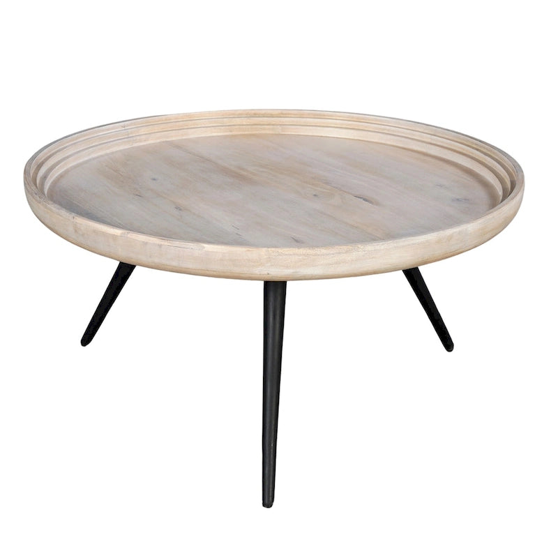 30" Round Tray Top Coffee Table, Handcrafted Washed White Mango Wood