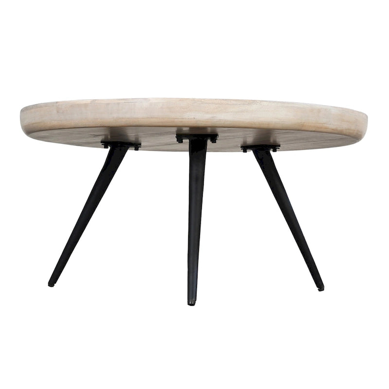 30" Round Tray Top Coffee Table, Handcrafted Washed White Mango Wood