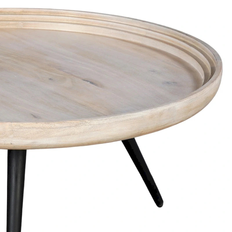 30" Round Tray Top Coffee Table, Handcrafted Washed White Mango Wood
